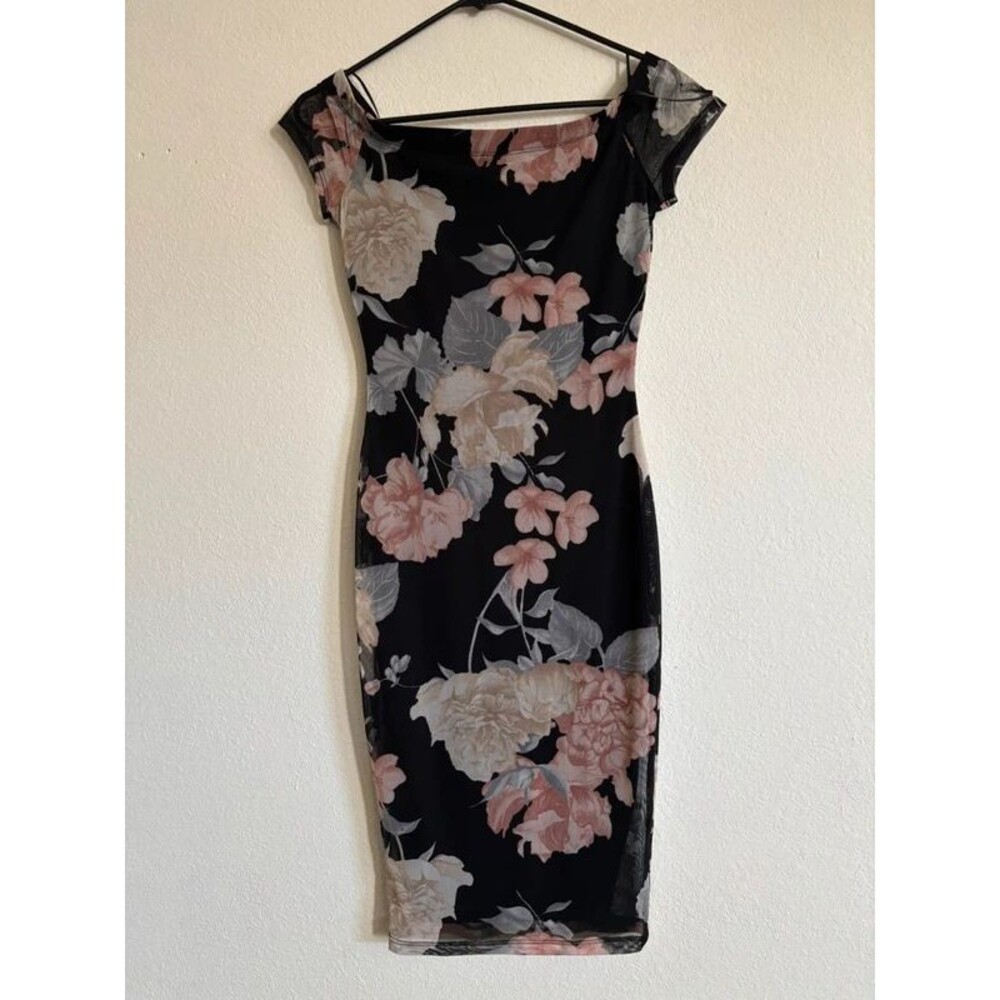 Windsor Black Floral Mesh Midi Dress Pink Rose Bodycon Romantic Y2K